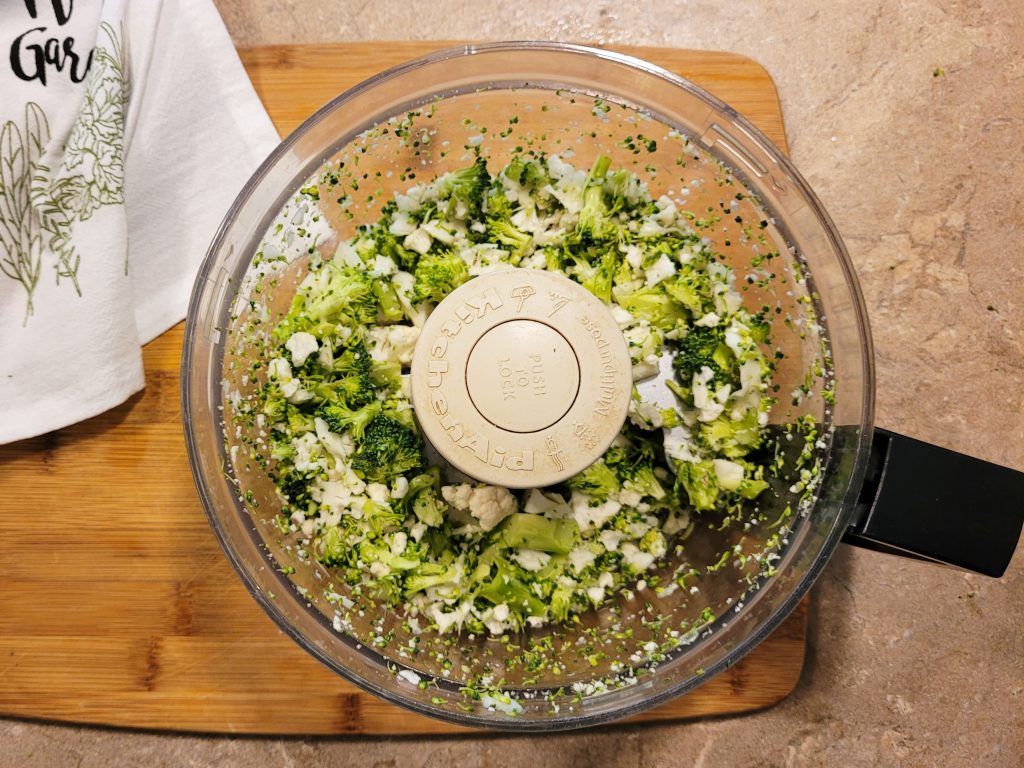 chopped vegetables in a food processor